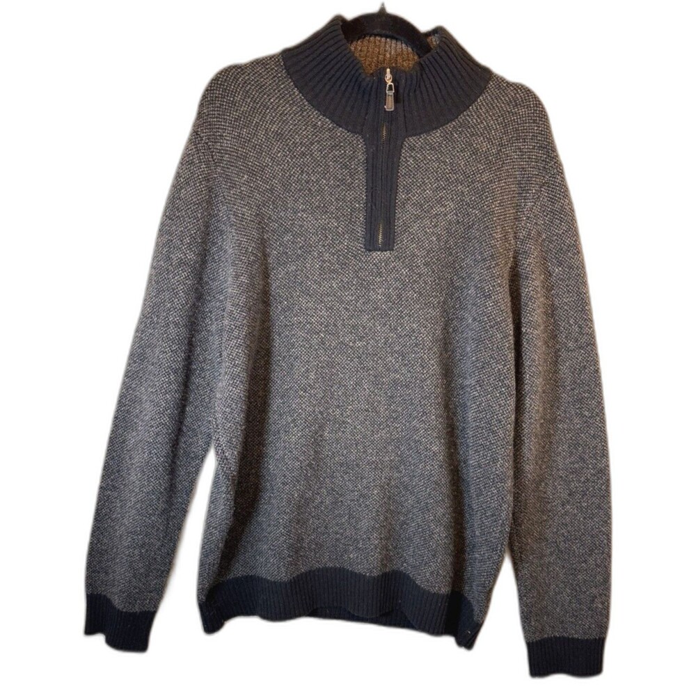 Pronto Uomo Sweater Size XL‎ Black Gray 100% Wool Pullover 1/4 Zip Mock Neck